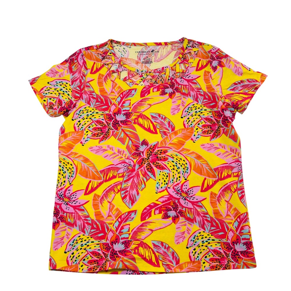 Caribbean Joe‎ Tropical Floral Lattice Neck Short Sleeve Top Yellow Pink Medium